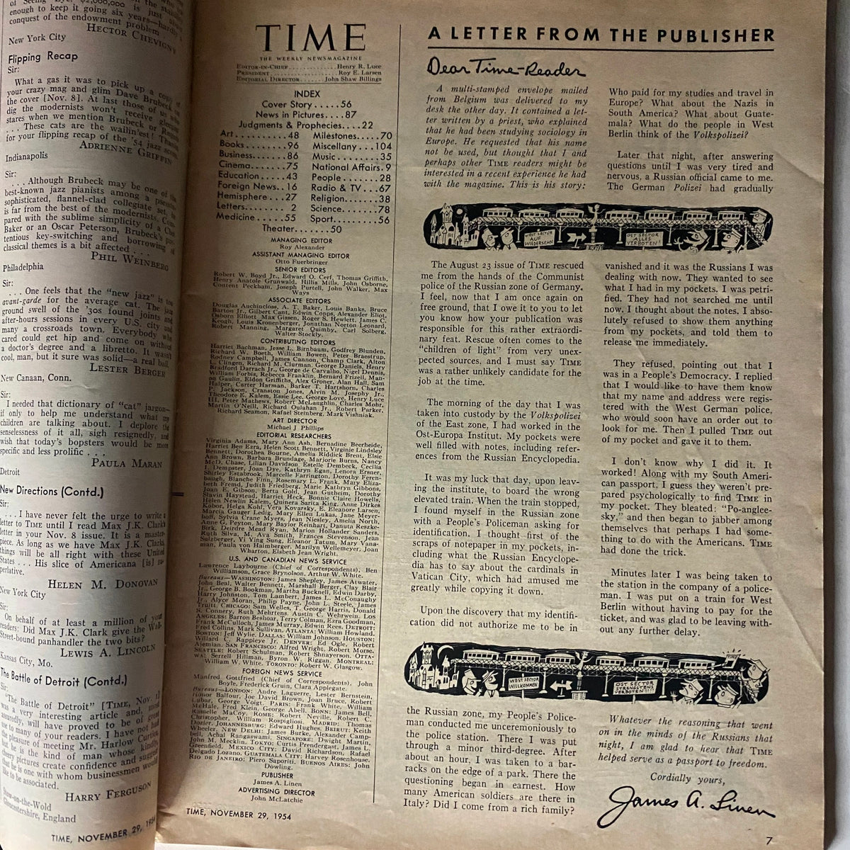 Inside page of Time Magazine from November 29, 1954, displaying the index and a letter from the publisher.