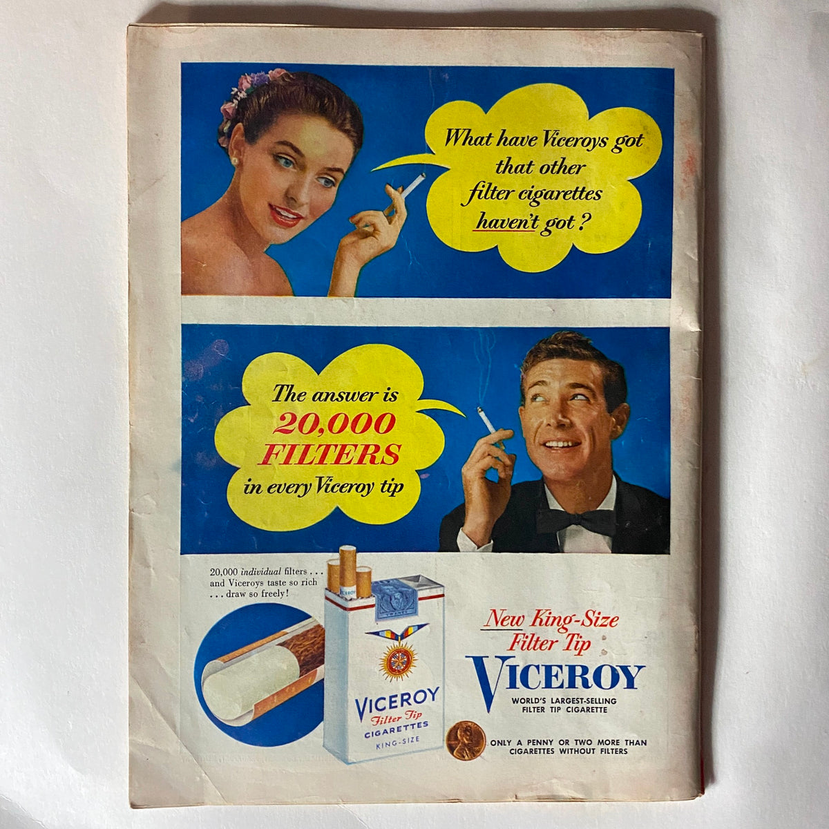 Advertisement page in Time Magazine, November 29, 1954, showcasing Viceroy filter tip cigarettes.