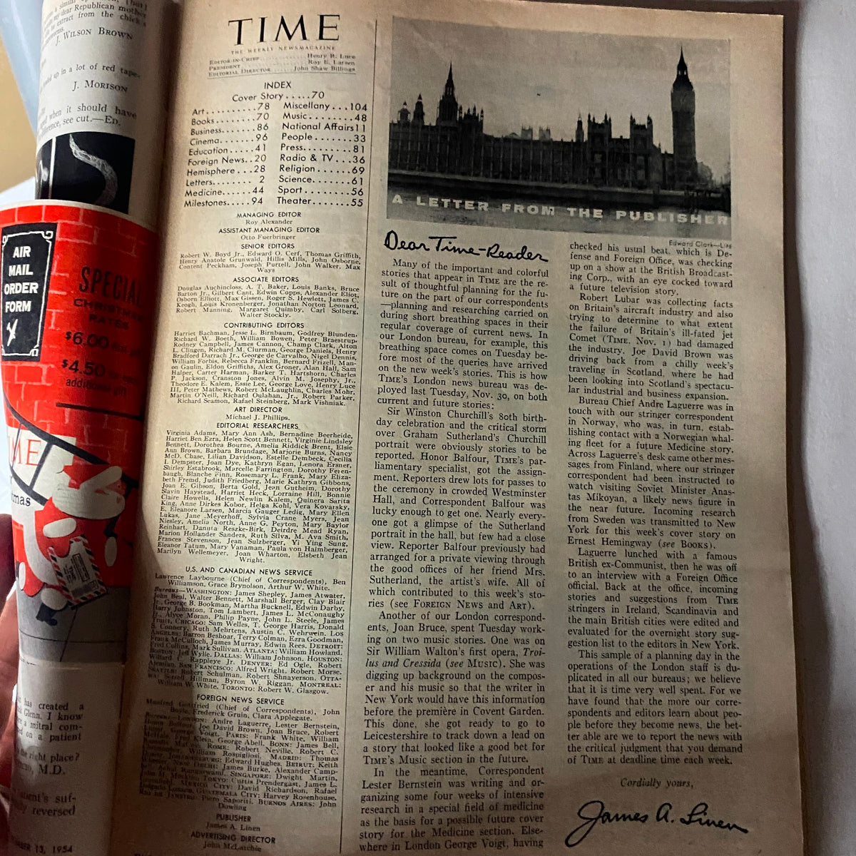 Inside page of VTG Time Magazine December 13, 1954 featuring an index and a letter from the publisher, highlighting notable stories and contributors alongside a historic photograph of the British Parliament.