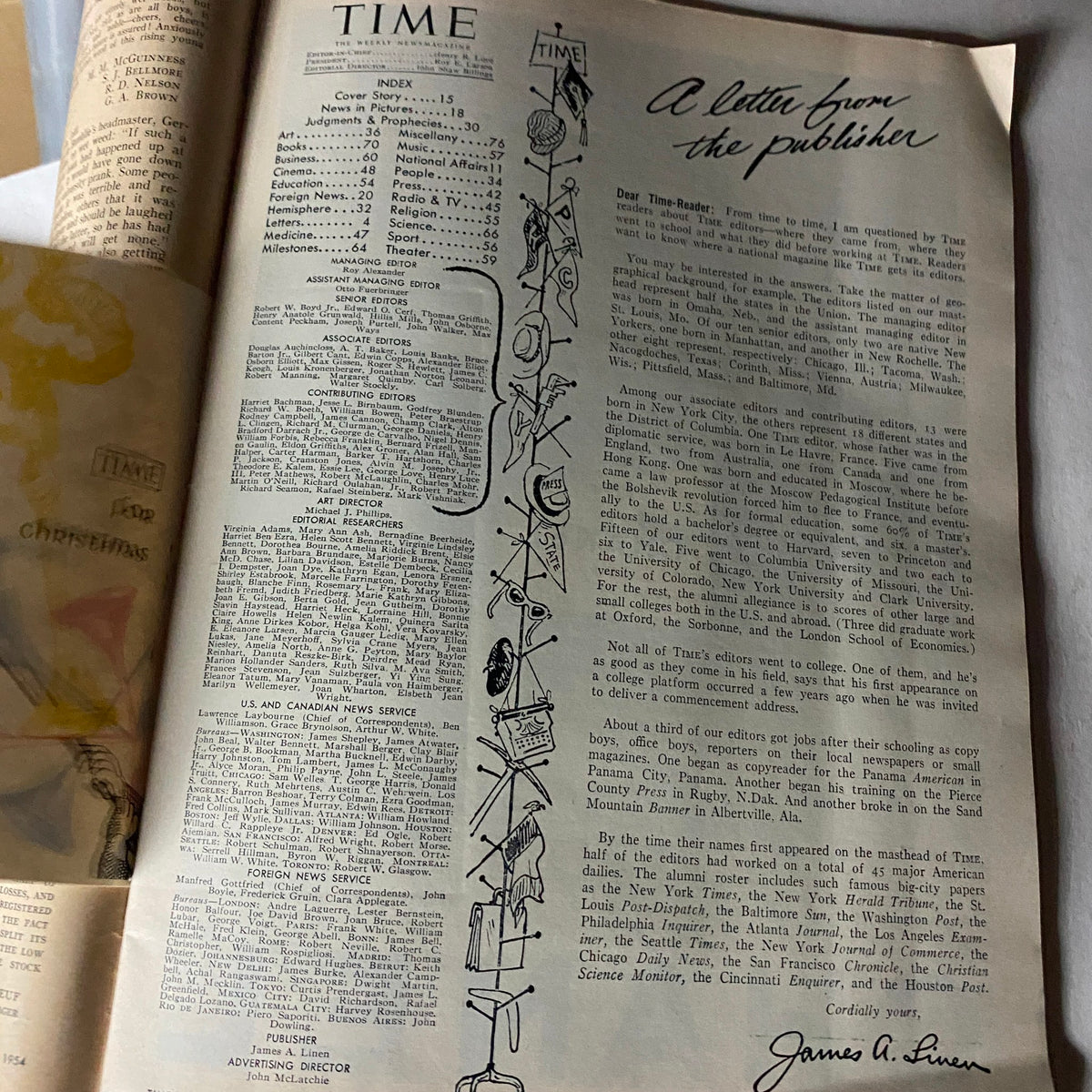 Inside page of VTG Time Magazine December 20, 1954, displaying the index and a letter from the publisher, providing insights into the magazine's editorial team and era.