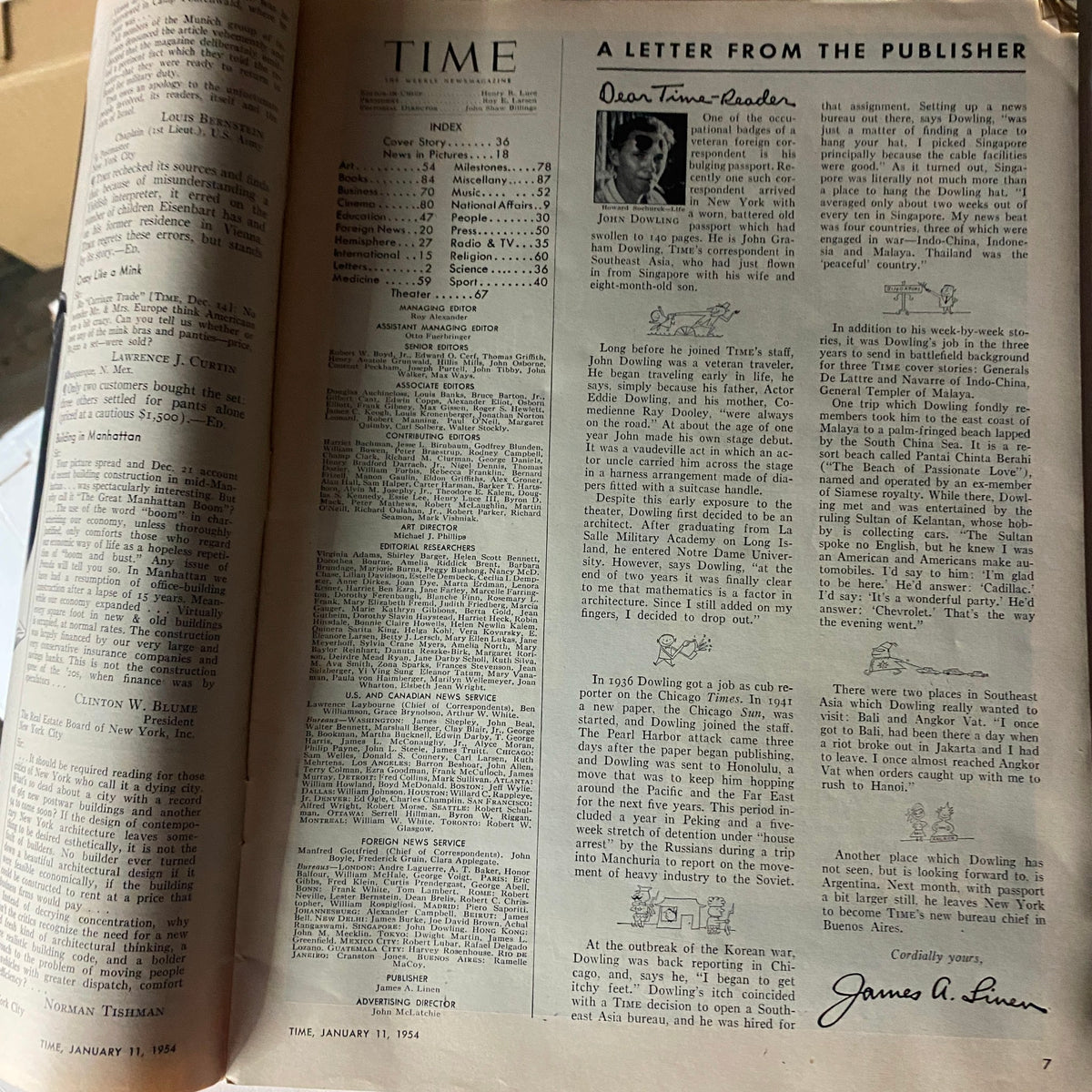 Inside page of VTG Time Magazine January 11, 1954, featuring the index and a letter from the publisher, showcasing articles and contributors relevant to the Atomic Submarine's Rickover.