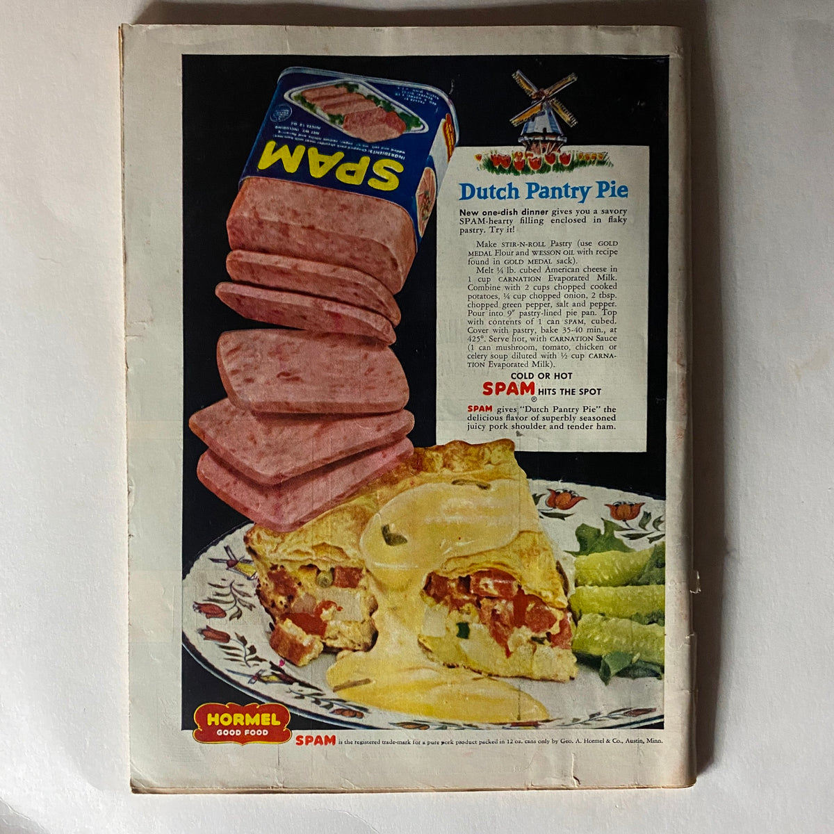 Back cover of the Vintage Time Magazine from April 26, 1954 featuring a colorful advertisement for Hormel Spam and a recipe for Dutch Pantry Pie.