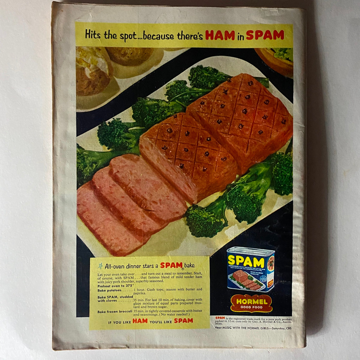 Back cover of VTG Time Magazine September 14, 1953, Vol 62 No. 11, displaying an advertisement for Spam featuring a recipe and food imagery.