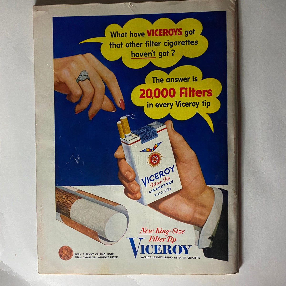 VTG Time Magazine November 8, 1954 advertisement for Viceroy filter-tip cigarettes highlighting their filter technology, illustrated with a hand holding a cigarette pack.