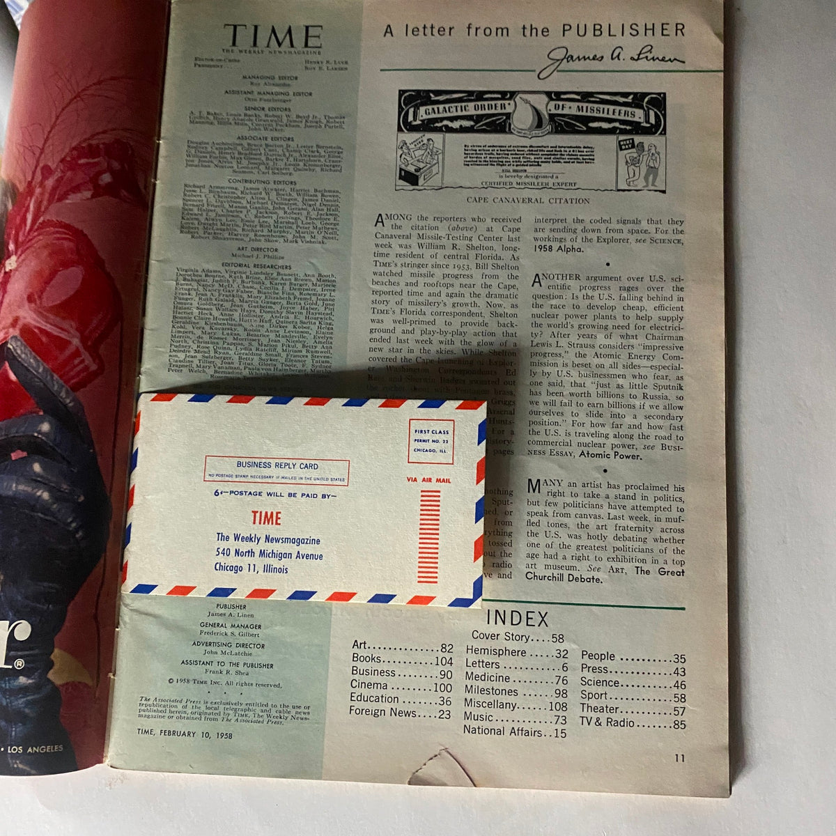 Inside page of VTG Time Magazine February 10, 1958, includes an editorial letter from the publisher and a business reply card, reflecting the magazine's format.