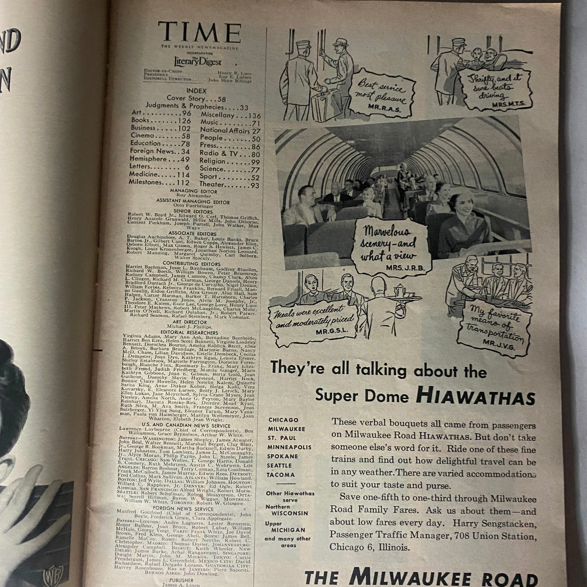 Inside pages of Vintage Time Magazine October 11, 1954, displaying the index and advertisements reflecting the culture of the era.