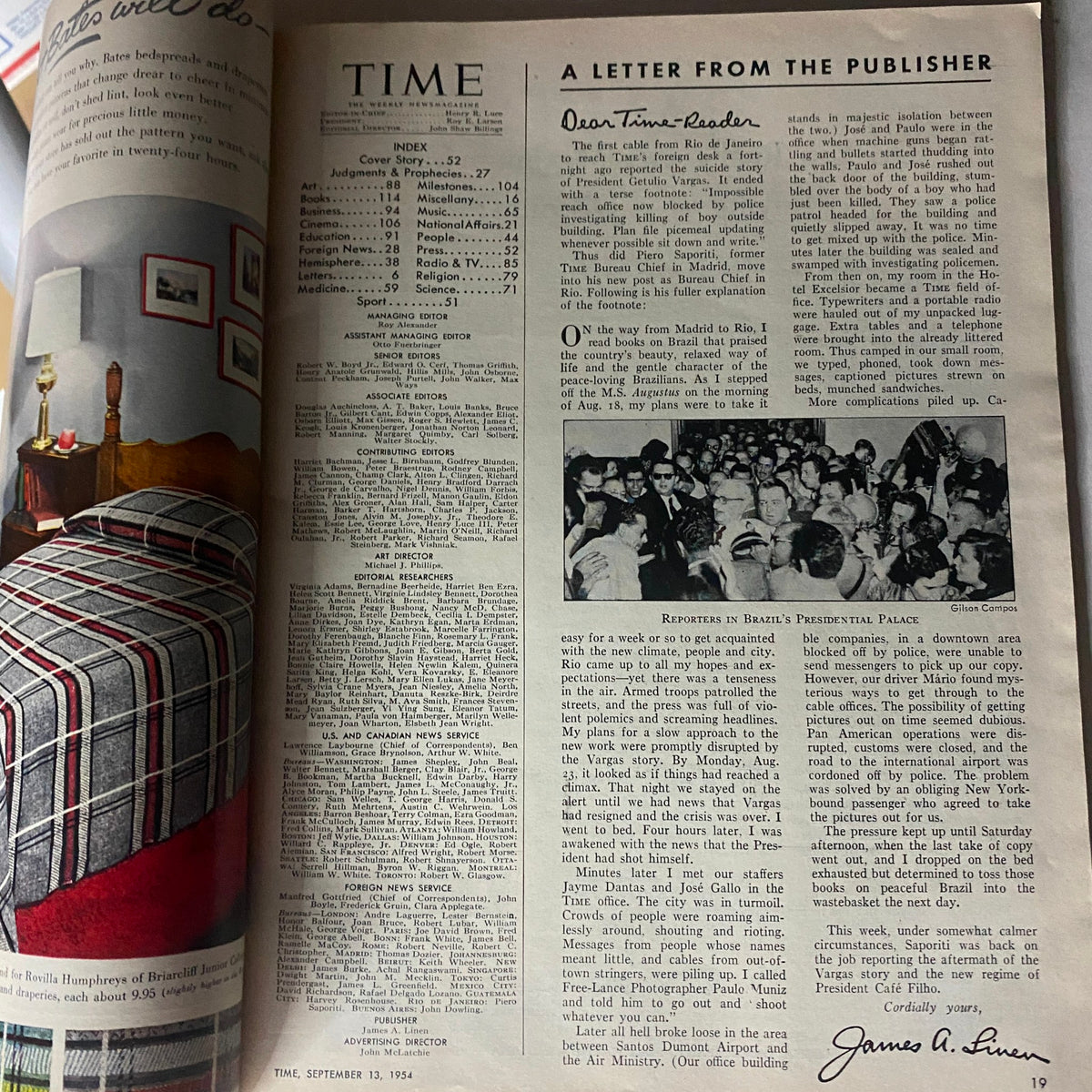 An interior page of VTG Time Magazine, September 13, 1954, displaying a letter from the publisher alongside an index of articles, reflecting the magazine's historic content and layout.