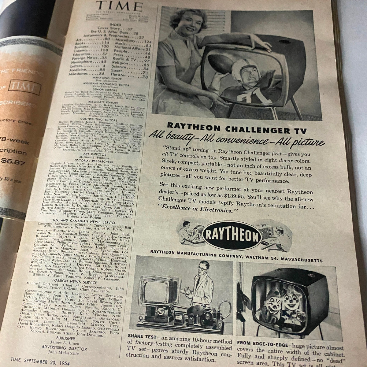 Inside page of VTG Time Magazine September 20, 1954, showcasing an advertisement for Raytheon Challenger TV.