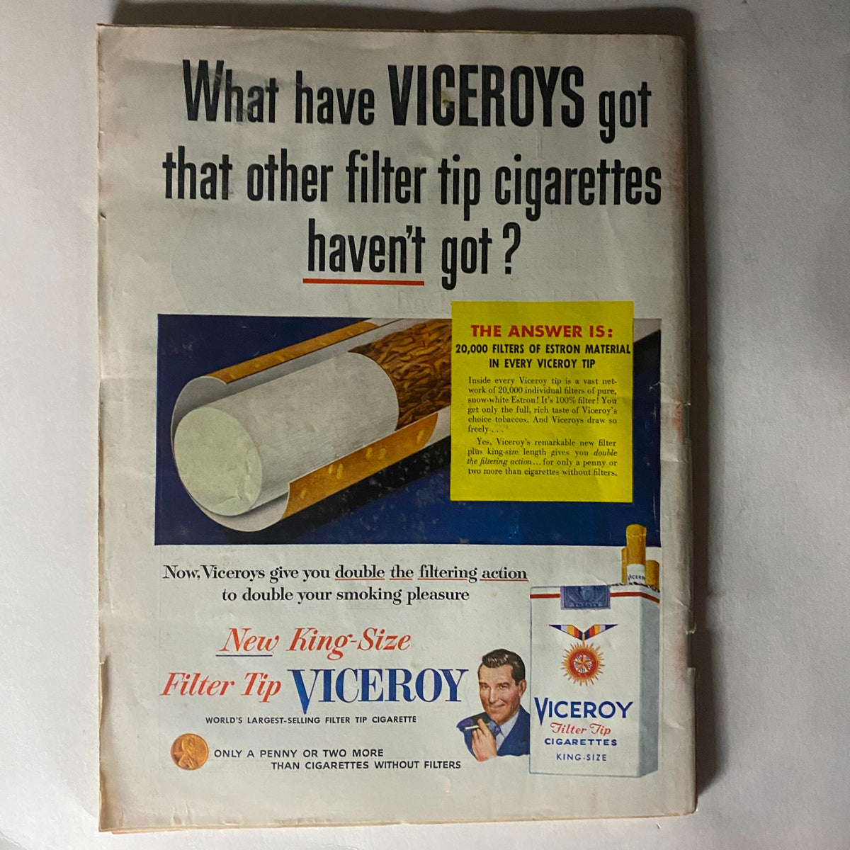 Back cover advertisement of VTG Time Magazine September 20, 1954, for Viceroy cigarettes emphasizing their filter technology.