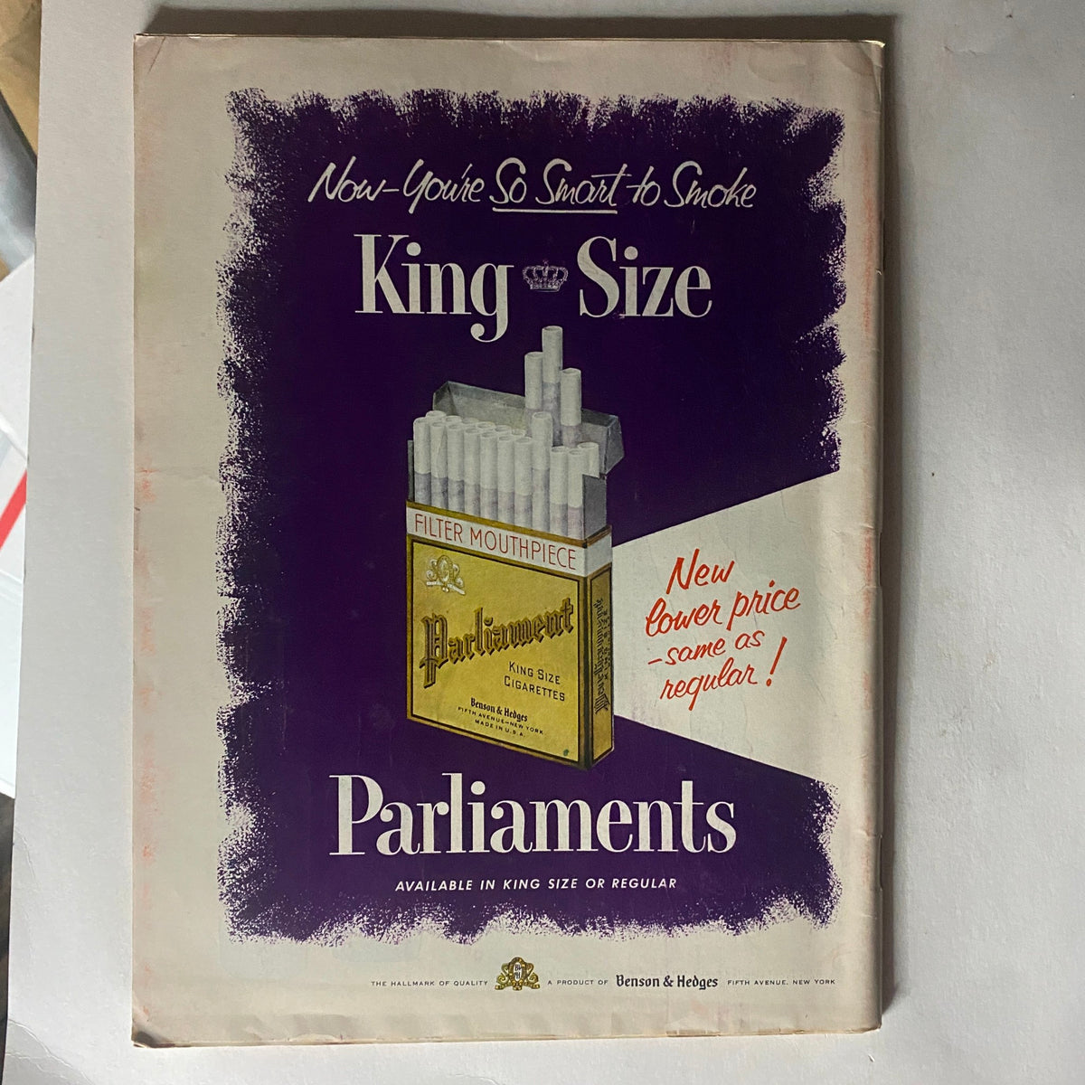 Back cover of VTG Time Magazine dated September 27, 1954, displaying an advertisement for King Size Parliament cigarettes. This vintage magazine provides a glimpse into 1950s advertising styles and cultural trends.