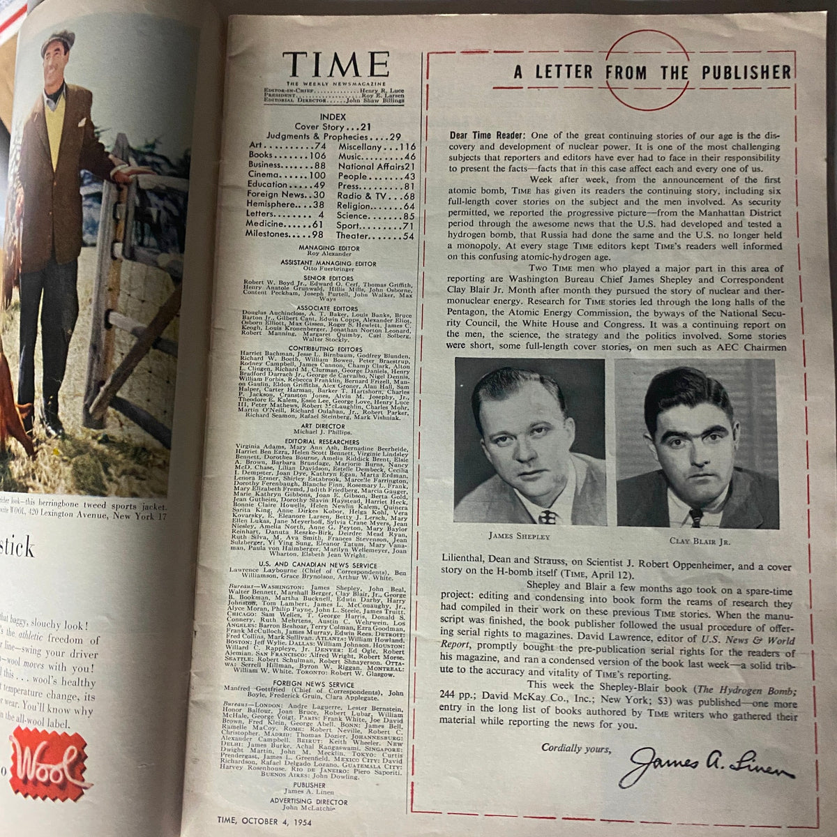 Inside page of VTG Time Magazine October 4, 1954, showcasing the magazine's contents and a letter from the publisher about key historical events of the time.
