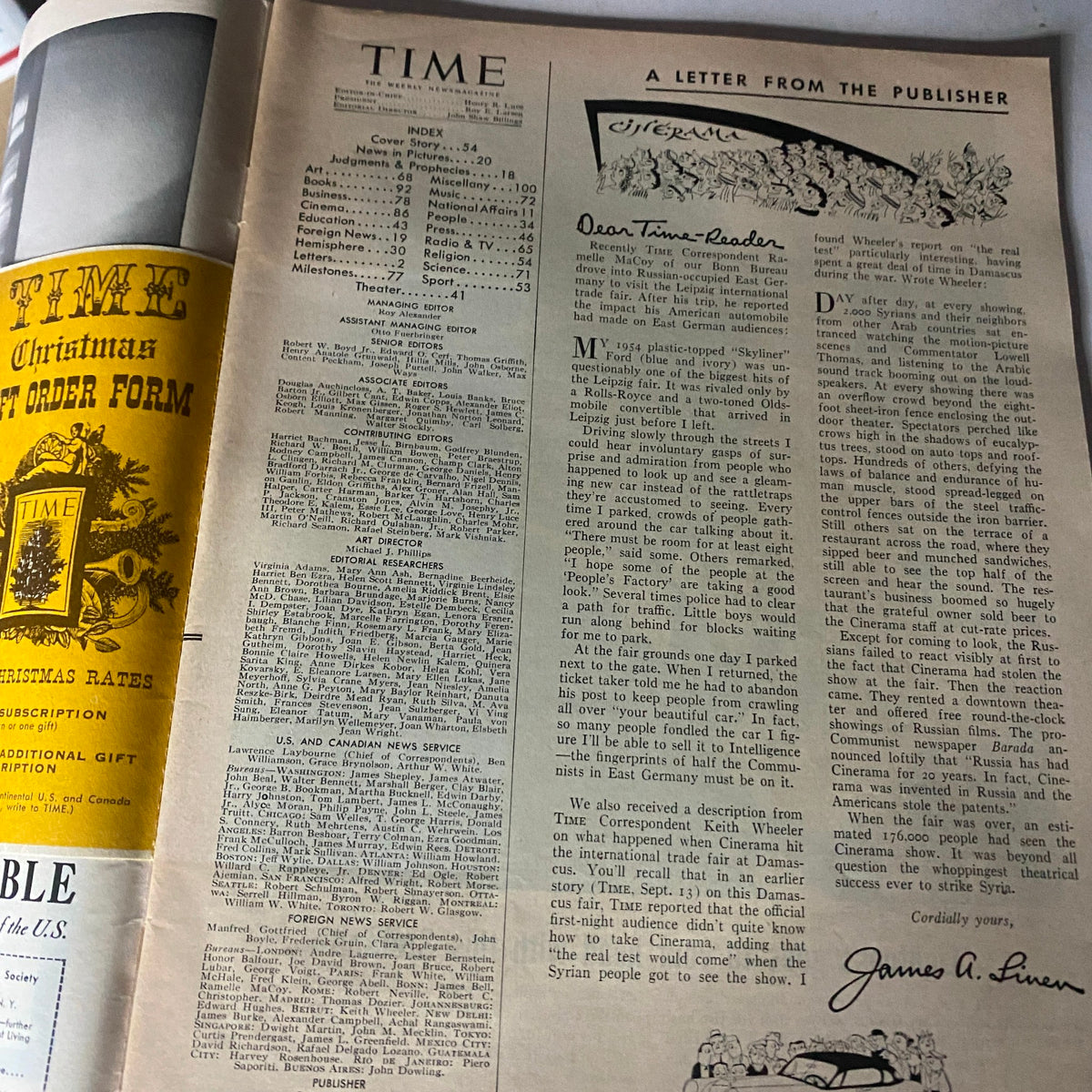 Interior page from the VTG Time Magazine October 25, 1954 featuring the index and a letter from the publisher. This vintage magazine includes sections on news and features, highlighting the historical context of the issue featuring evangelist Billy Graham.