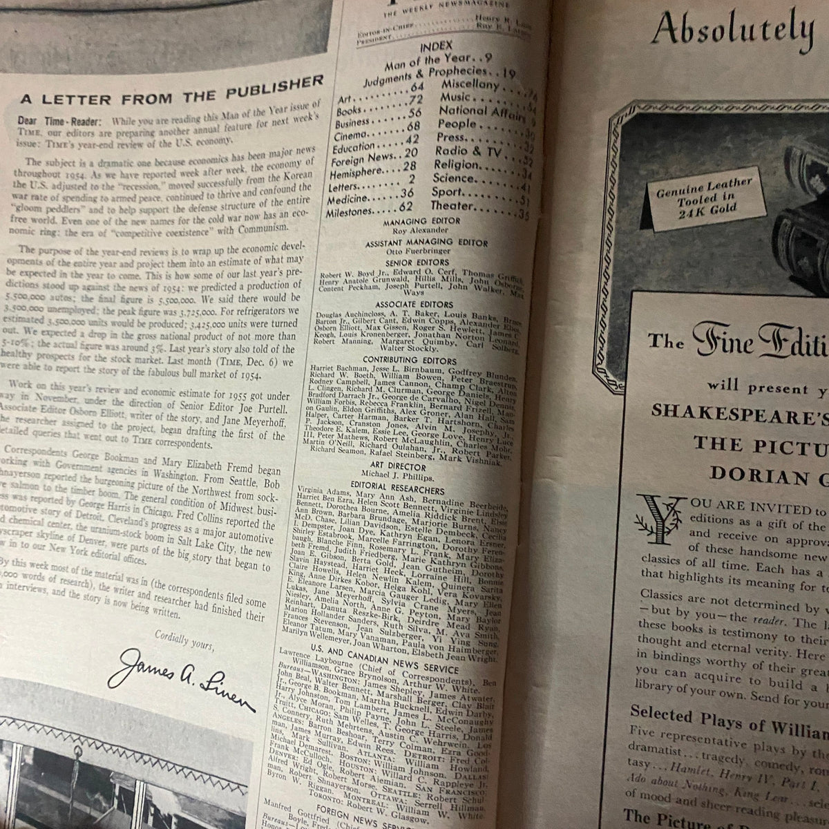 Inside page of VTG Time Magazine January 3, 1955 featuring a letter from the publisher and an index, highlighting the magazine's focus on historical events and notable figures.