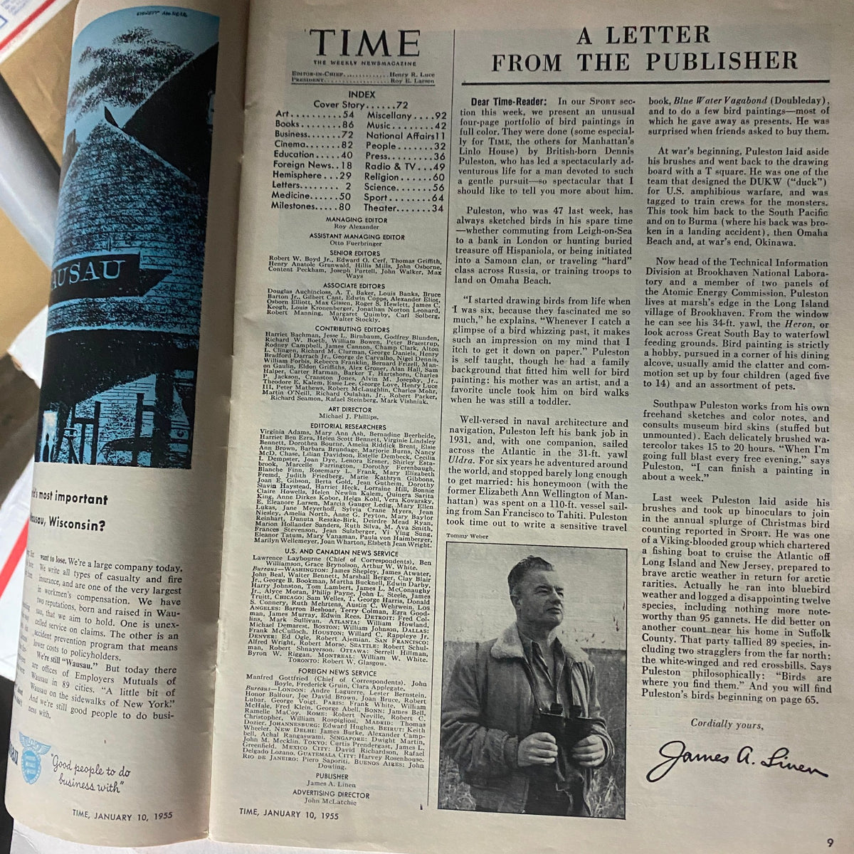 Inside page of VTG Time Magazine January 10, 1955 displaying a letter from the publisher, reflecting insights and articles from the era.