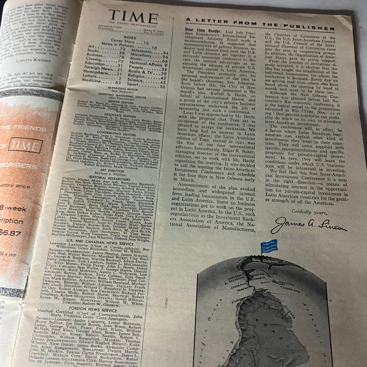 Inside page of the VTG Time Magazine January 24, 1955, showcasing the index and a letter from the publisher detailing significant events.