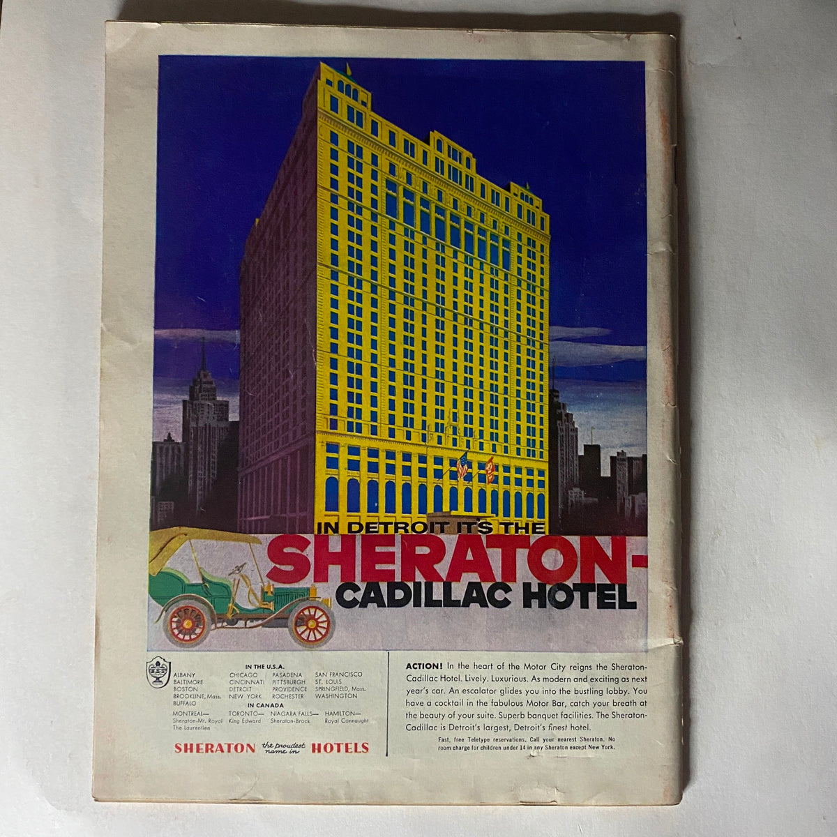 Back page advertisement of the VTG Time Magazine January 24, 1955, promoting the Sheraton-Cadillac Hotel in Detroit with colorful historical artwork.