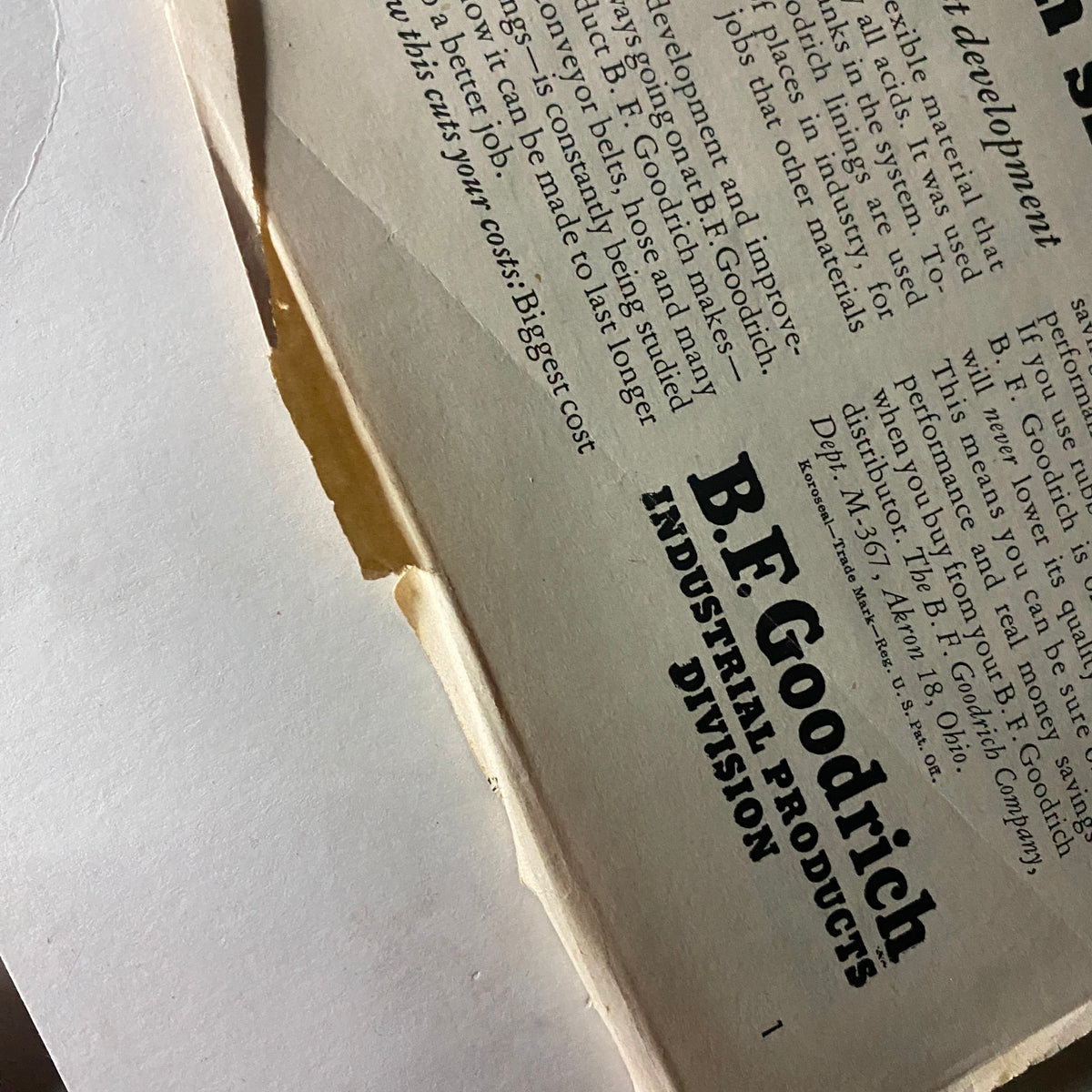 Interior page from VTG Time Magazine January 31, 1955 with advertisement by B.F. Goodrich, reflecting mid-20th century design.