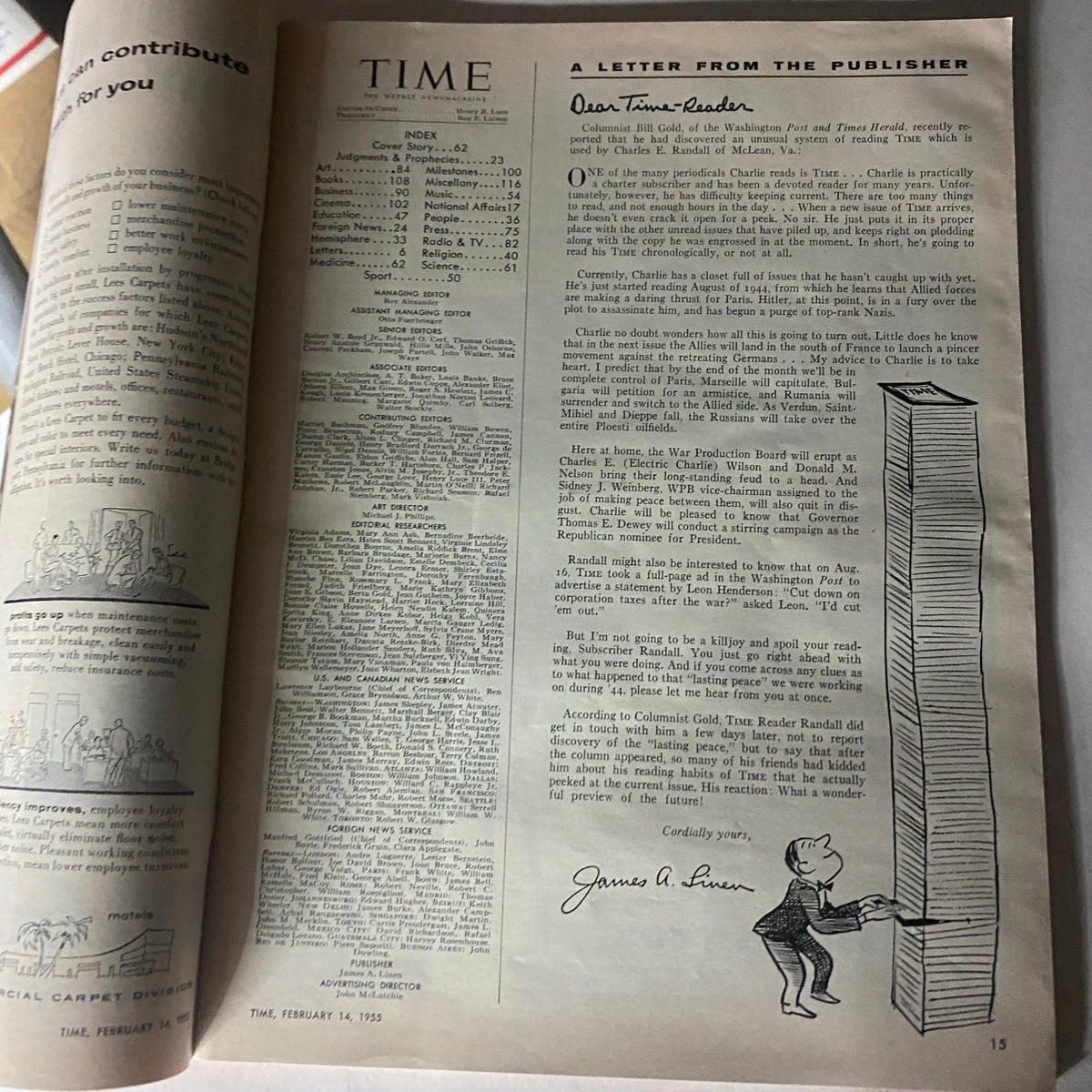 Interior page of VTG Time Magazine February 14, 1955 Vol 65 No. 7, displaying a letter from the publisher and magazine index.
