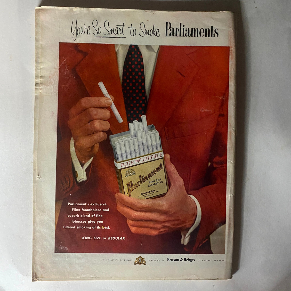 Vintage advertisement for Parliament cigarettes from the February 14, 1955 issue of VTG Time Magazine, highlighting the filter design.