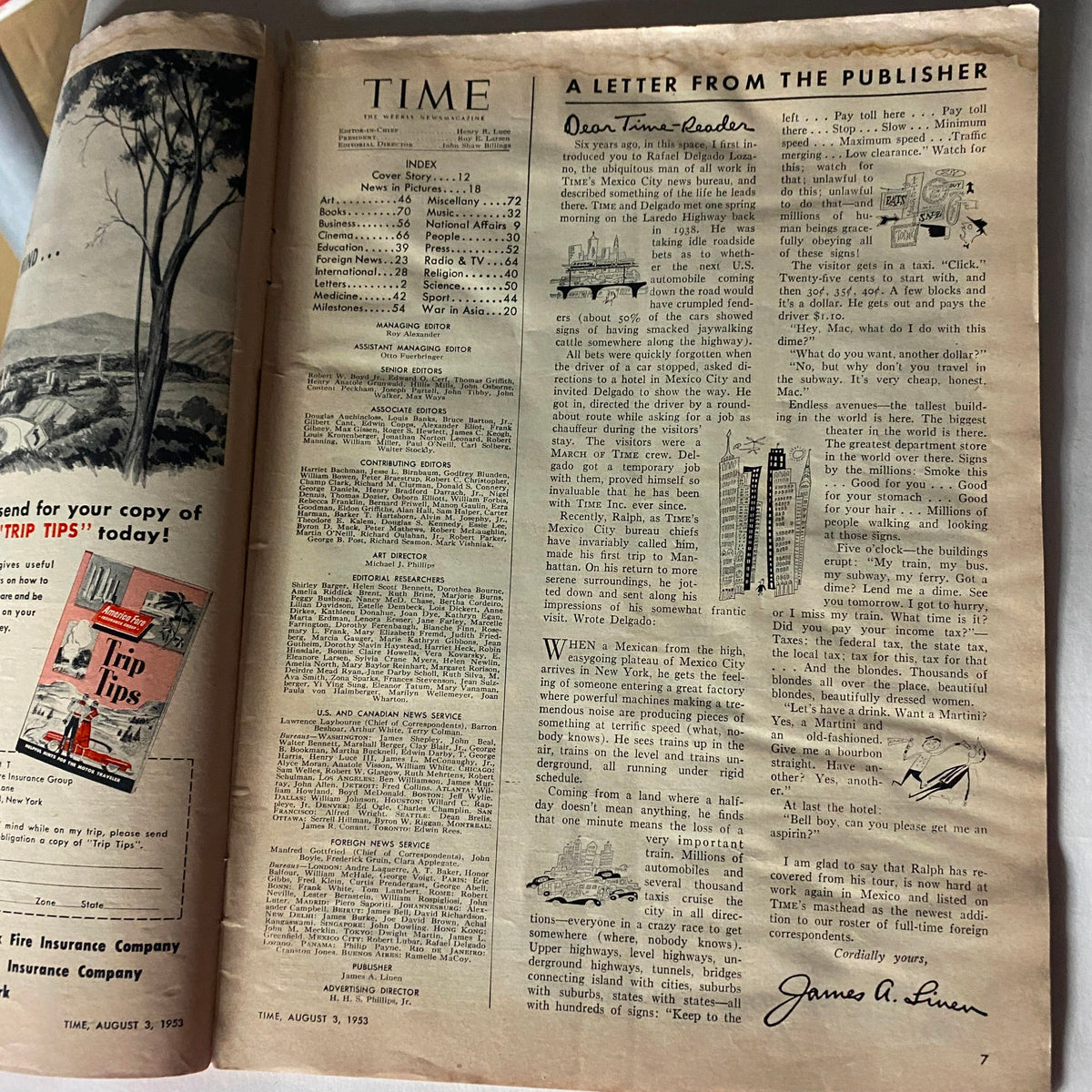 Inside page of VTG Time Magazine August 3, 1953, displaying a letter from the publisher and additional magazine content, with a vintage layout and typography.