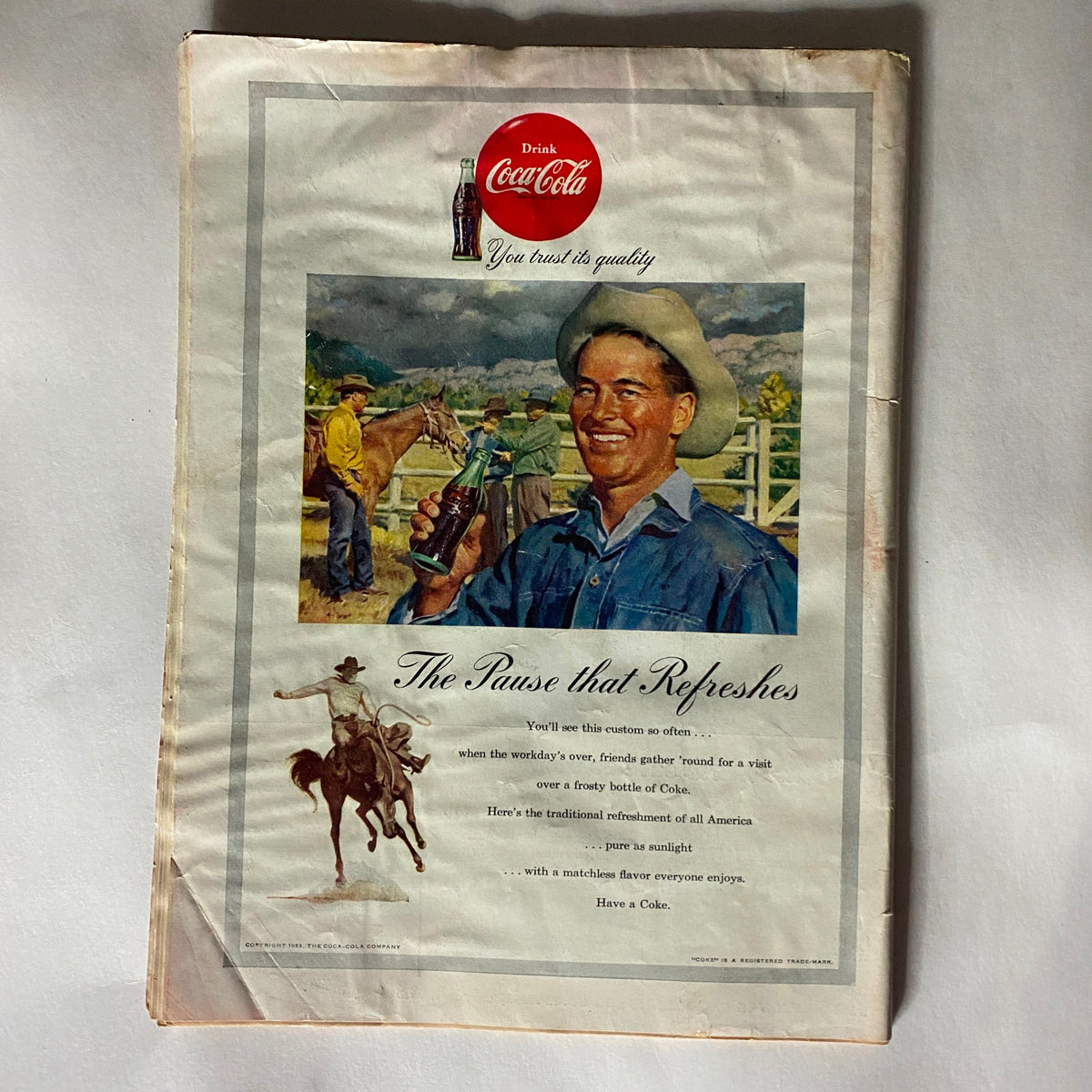 Back cover of VTG Time Magazine August 3, 1953, featuring a vintage Coca-Cola advertisement, showcasing a rural scene with smiling individuals enjoying a drink.