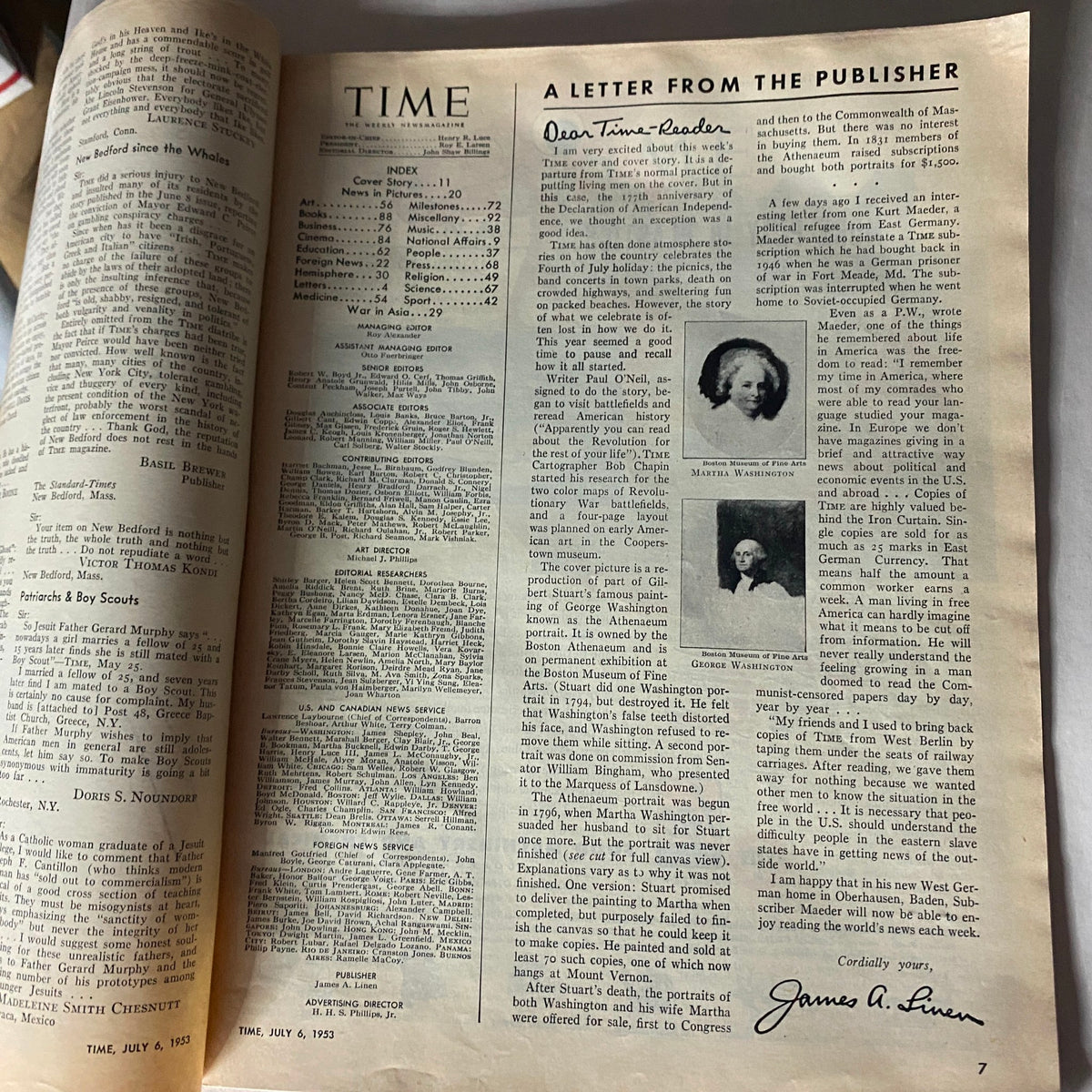 Inside page of Vintage Time Magazine July 6, 1953 Vol 62 No. 1 with a letter from the publisher discussing historical context.