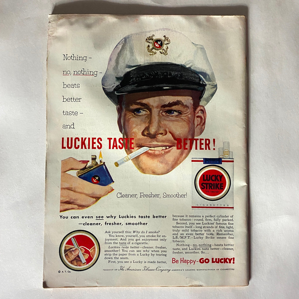 Advertisement page in the VTG Time Magazine June 29, 1953, featuring Lucky Strike cigarettes with a smiling sailor promoting the product's better taste.