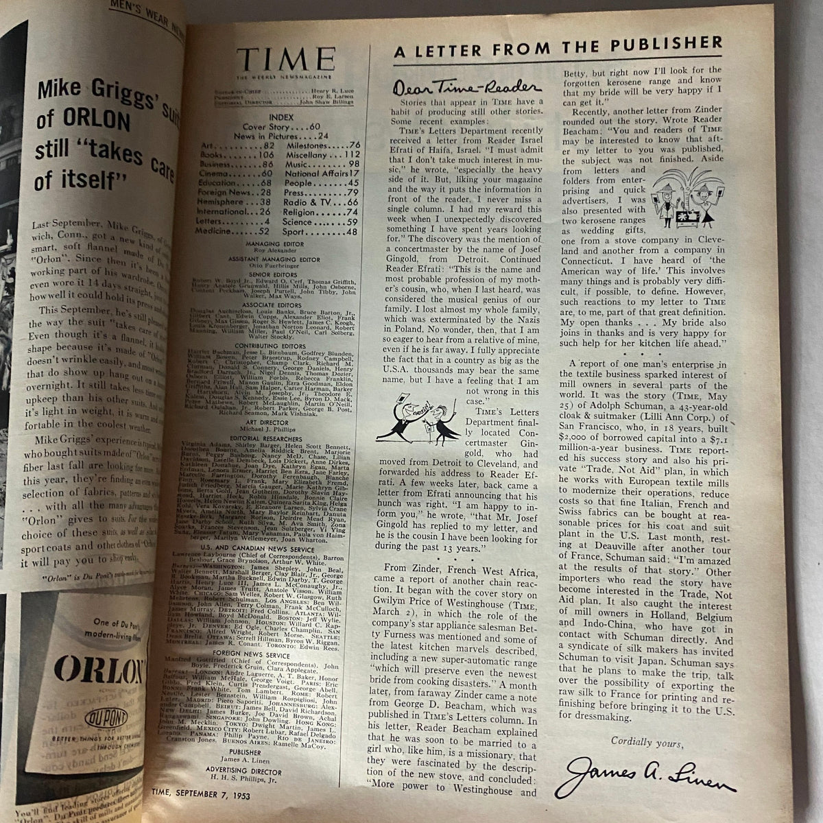 Inside page of the vintage Time Magazine from September 7, 1953, displaying a letter from the publisher along with the magazine's index and articles reflecting the 1950s cultural landscape.