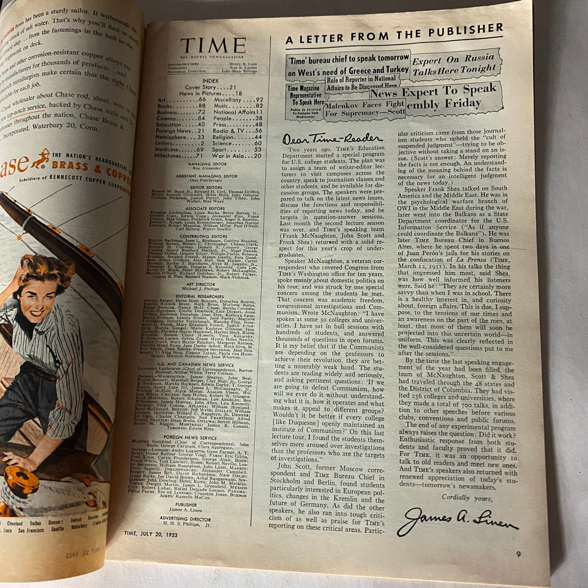 Interior page of Time Magazine July 20, 1953, Volume 62, Number 3, containing articles and an index, showcasing the magazine's editorial content and design.