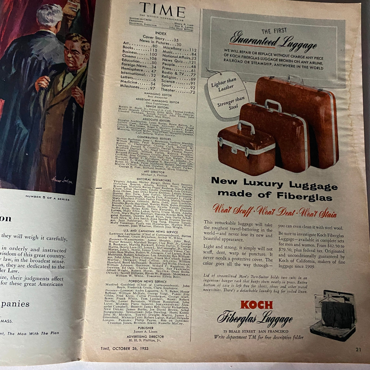 Inside page of VTG Time Magazine October 26, 1953 Vol 62 No. 17 featuring an advertisement for luxury fiberglass luggage, showcasing the magazine's index.