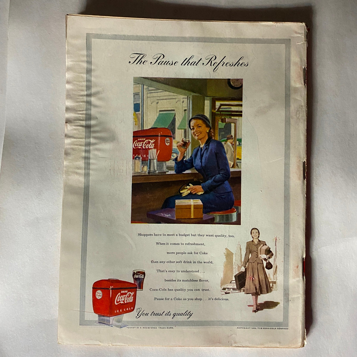 Back cover of VTG Time Magazine October 26, 1953 Vol 62 No. 17 displaying a Coca-Cola advertisement titled 'The Pause that Refreshes' with a woman holding a drink at a diner.