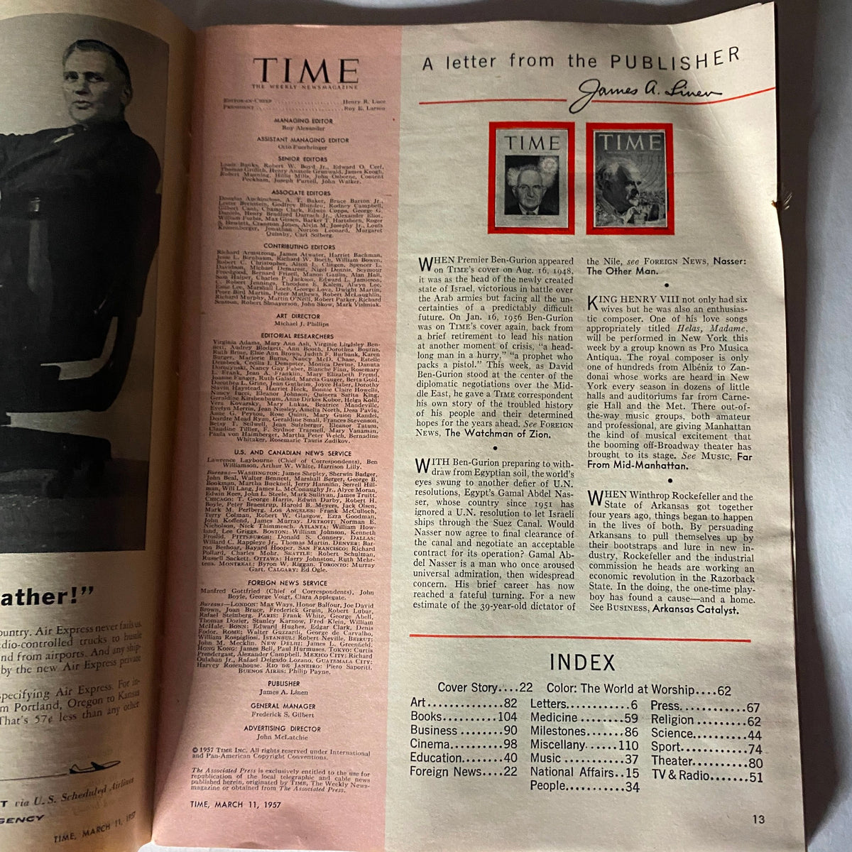 Inside page of the vintage Time Magazine dated March 11, 1957, displaying a letter from the publisher and article index. This issue features Israel's David Ben-Gurion.