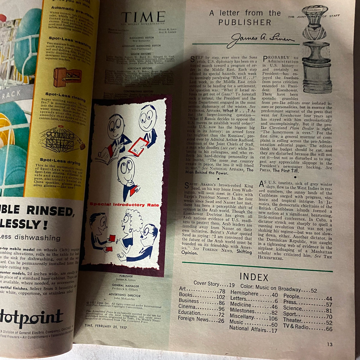 Interior page of VTG Time Magazine February 25, 1957 showing a letter from the publisher and articles from the issue.