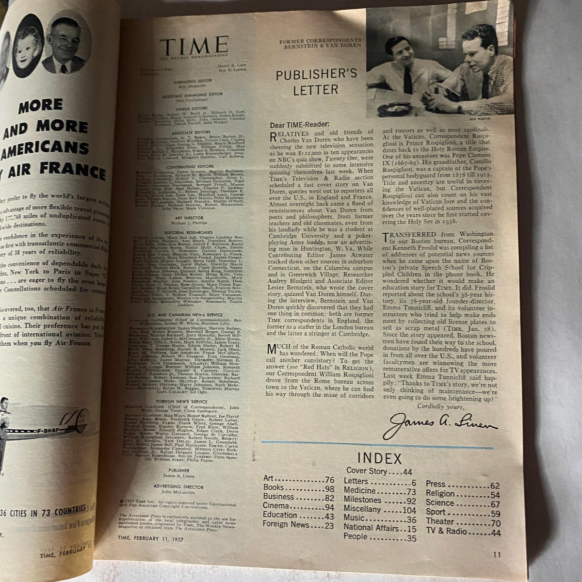 Interior page of VTG Time Magazine February 11, 1957 featuring Publisher's Letter and content index, highlighting the cultural themes of mid-20th century America.