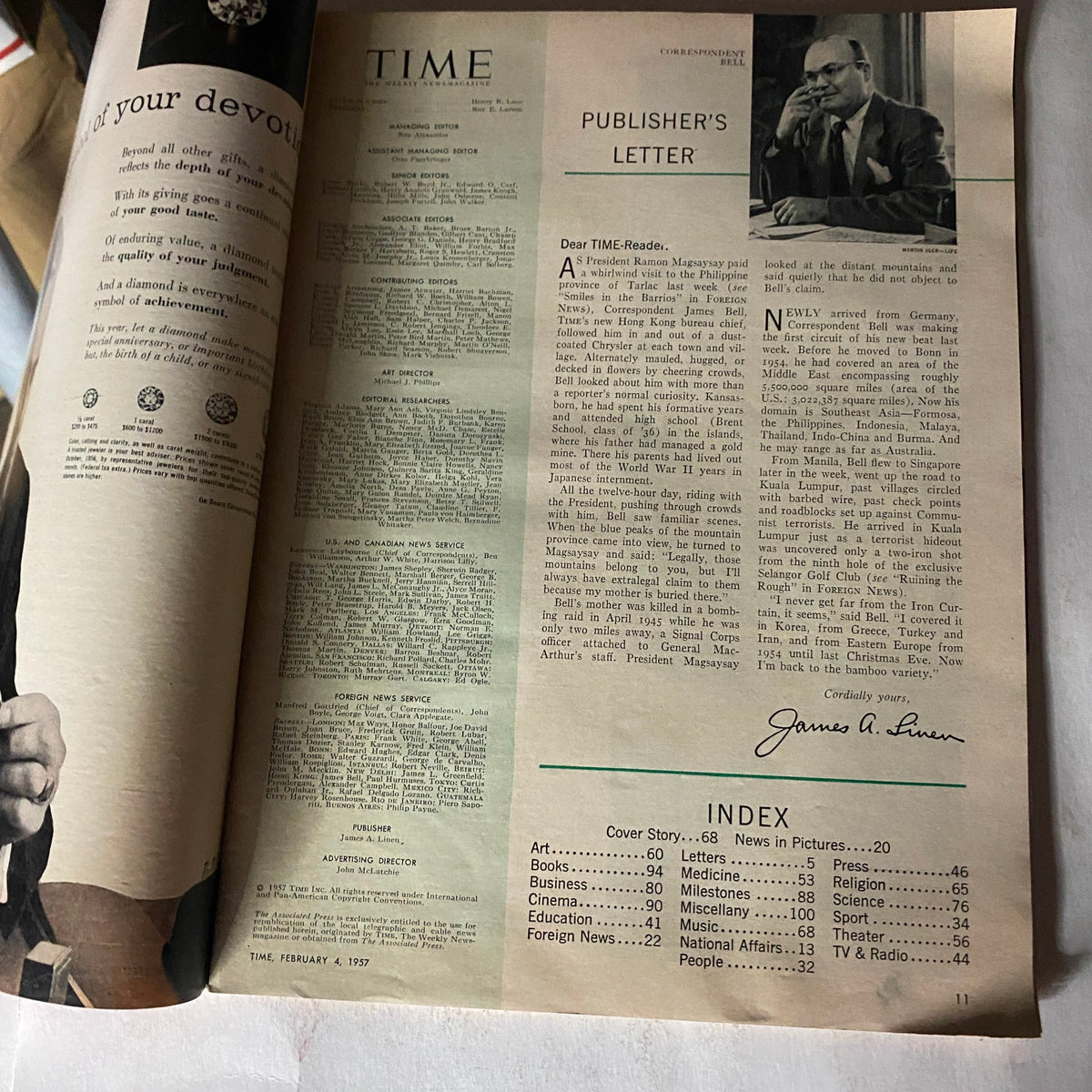 Inside page of VTG Time Magazine February 4, 1957 displaying a publisher's letter and an index, reflecting the magazine's layout and content.