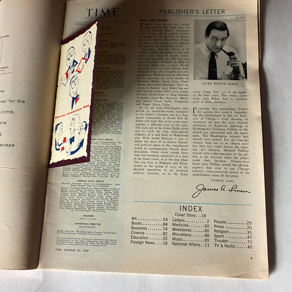 Inside page of VTG Time Magazine January 21, 1957 Vol 69 No. 3 displaying the publisher's letter and magazine index.