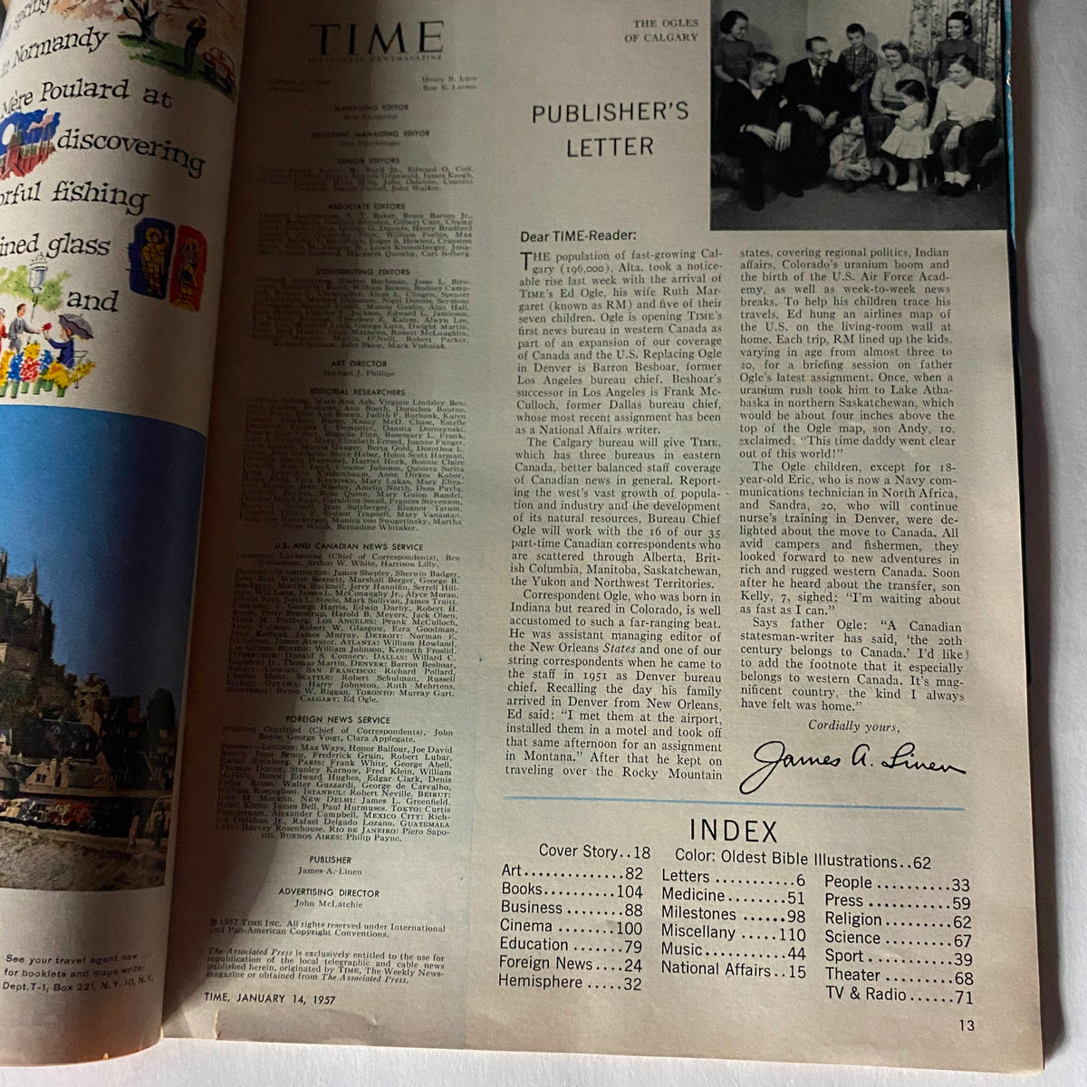 Interior page of Vintage Time Magazine from January 14, 1957, including the publisher's letter and index, Volume 69, No. 2.