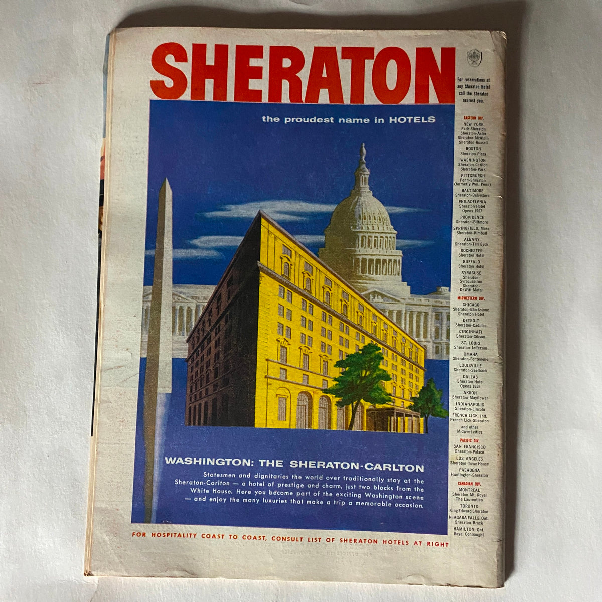 Cover of VTG Time Magazine January 14, 1957 Vol 69 No. 2 featuring an advertisement for Sheraton hotels, showcasing the Sheraton-Carlton in Washington, D.C.