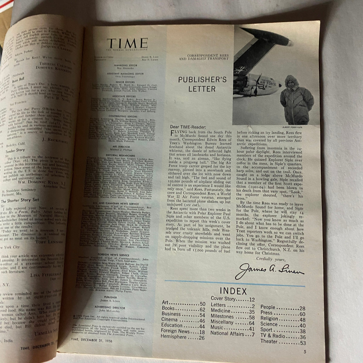 Inside page of VTG Time Magazine December 31, 1956 Vol 68 No. 27, displaying the publisher's letter and editorial section.