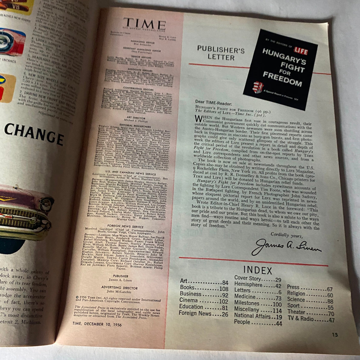 Publisher's letter and index page from VTG Time Magazine December 10, 1956, detailing contents and editorial staff.