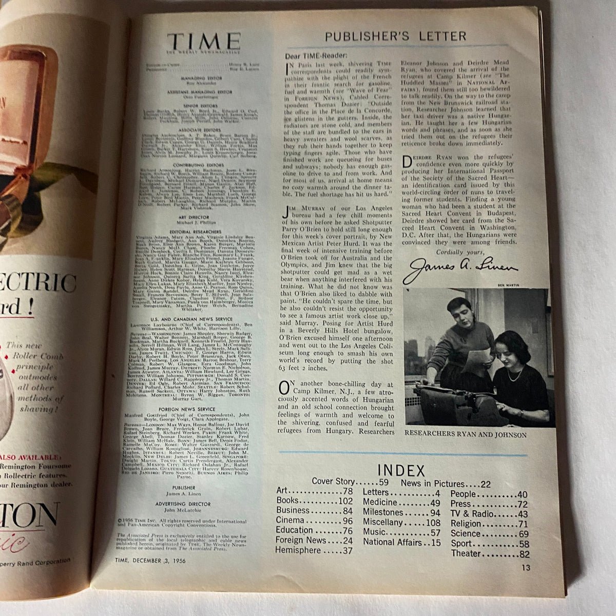 Publisher's letter page from Time Magazine dated December 3, 1956, demonstrating the editorial layout and content introduction.