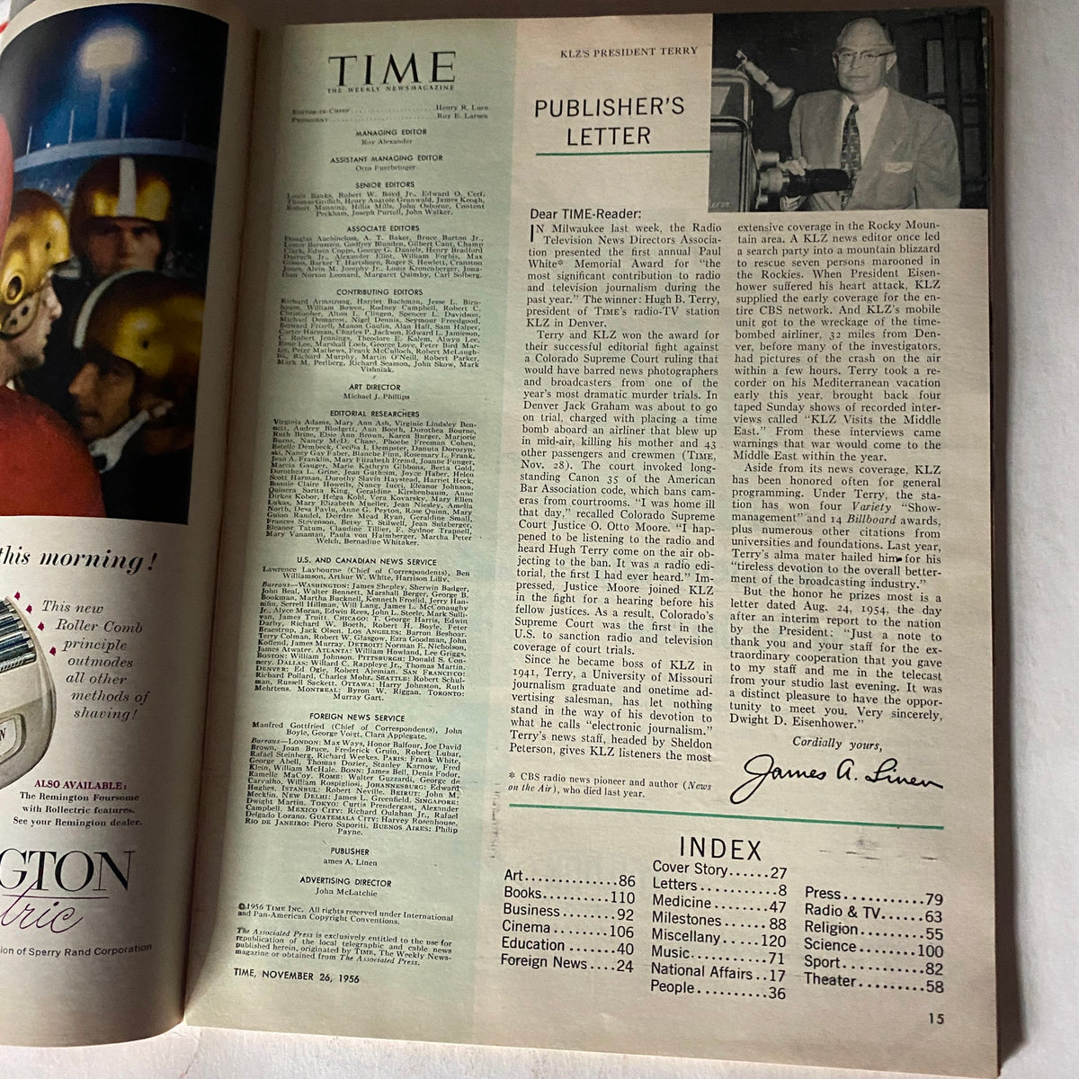 Interior page of VTG Time Magazine November 26, 1956 displaying the publisher's letter with historical context and illustrations under the title TIME.