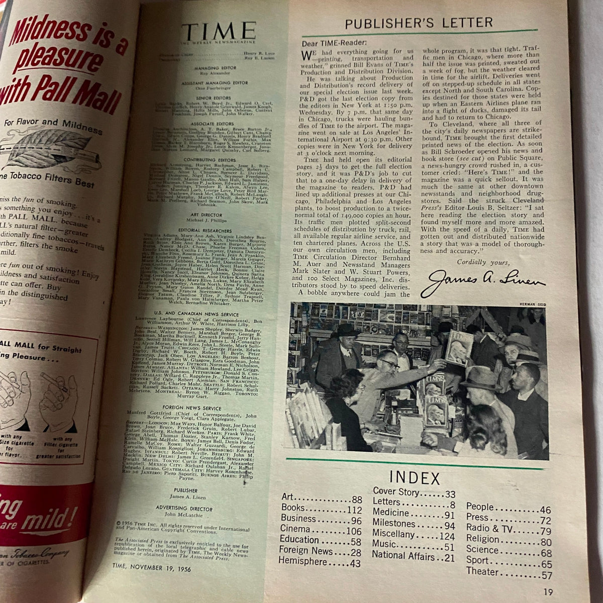 Publisher's letter and index page from Time Magazine, November 19, 1956, Volume 68, No. 21, including historical editorial information and a photo of magazine distributors.