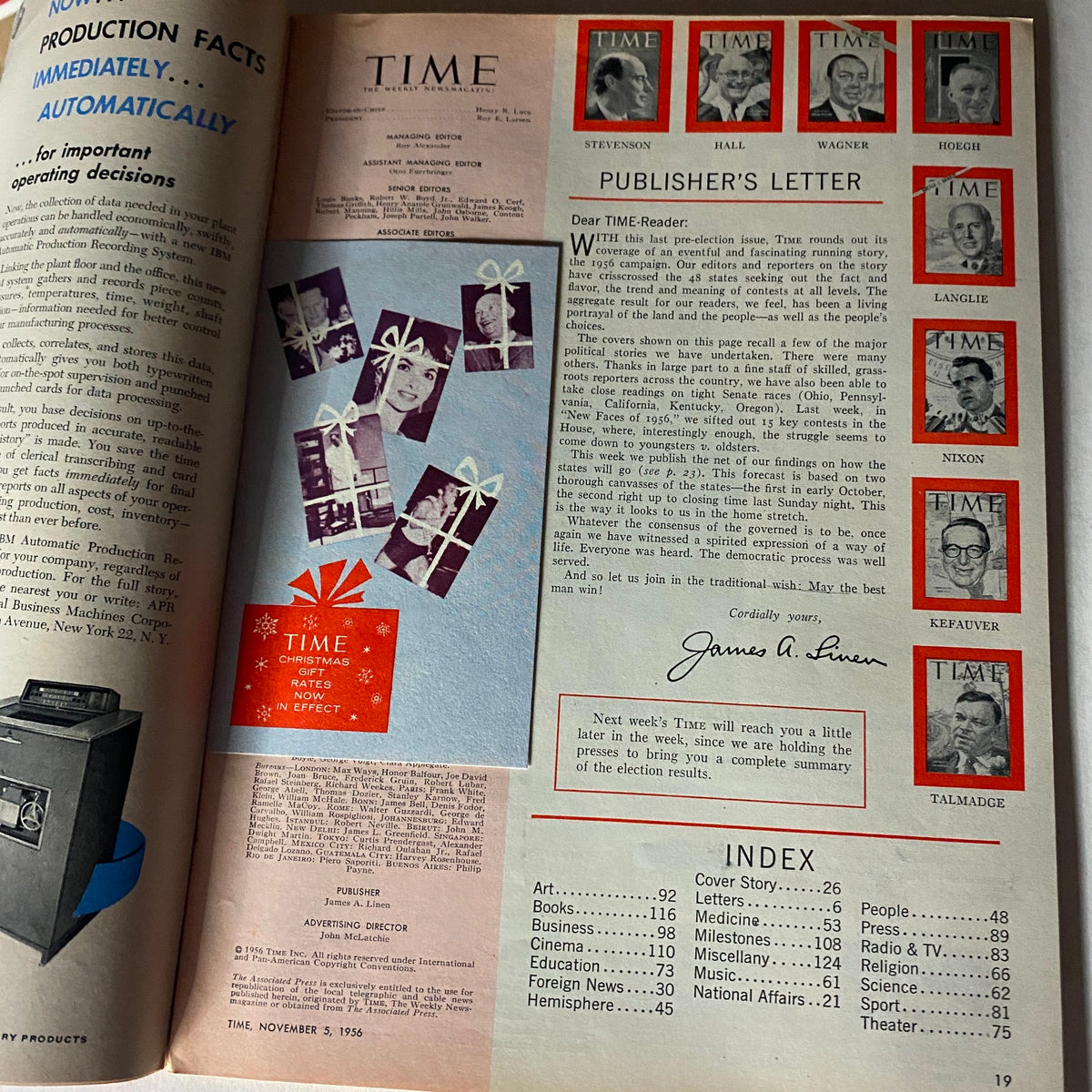 Interior page of the vintage Time Magazine from November 5, 1956 featuring the Publisher's Letter and an index, showcasing Richard Nixon among other political figures from the 1956 presidential campaign.