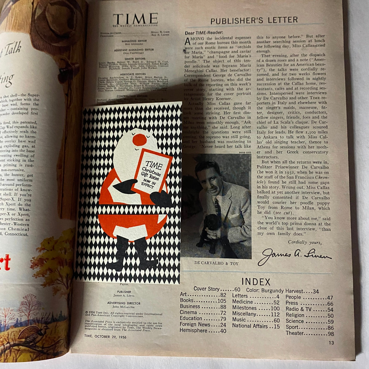 Publisher's letter and index page from the vintage Time Magazine October 29, 1956 featuring soprano Maria Callas, detailing articles and contributors.
