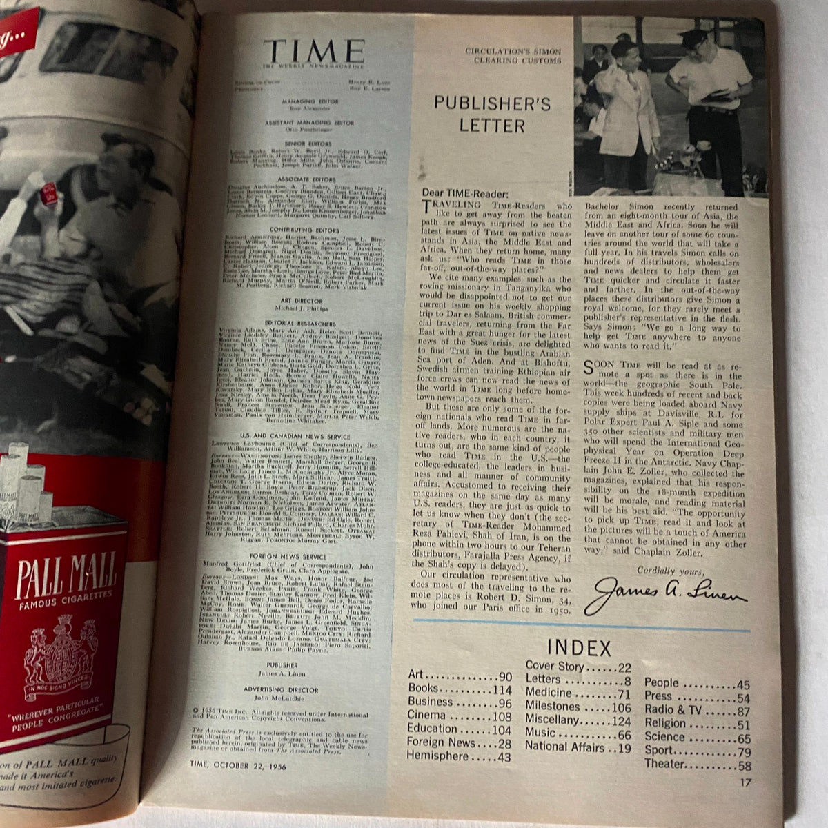 Inside page of VTG Time Magazine October 22, 1956 displaying the Publisher's Letter and index, highlighting magazine content and organization.