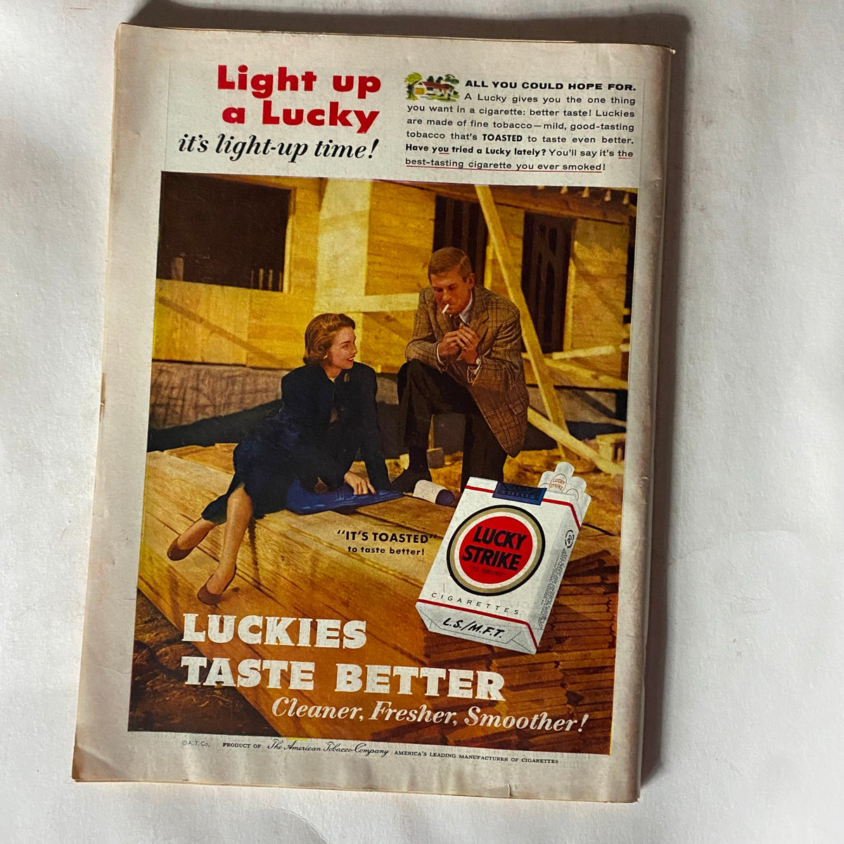 Back cover advertisement from VTG Time Magazine October 15, 1956 Vol 68 No. 16 promoting Lucky Strike cigarettes, providing a glimpse of mid-20th century marketing.