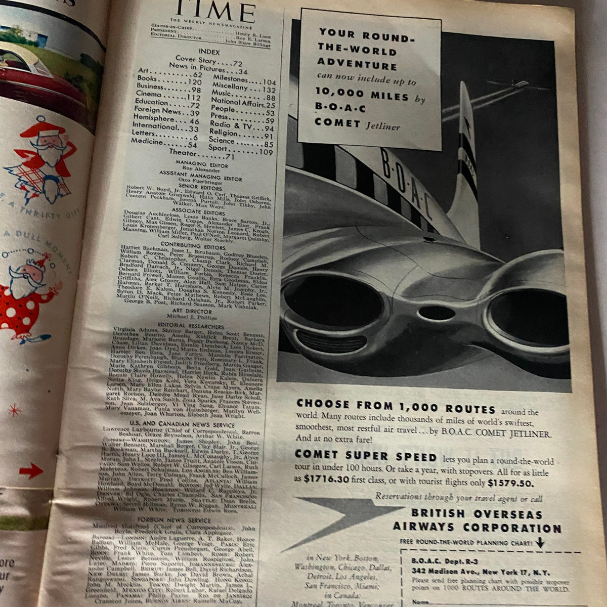 Interior page of the vintage Time Magazine October 19, 1953, Vol 62 No. 16 displaying the index section alongside an advertisement for B.O.A.C. Comet Jetliner travel options, highlighting historical travel themes of the era.