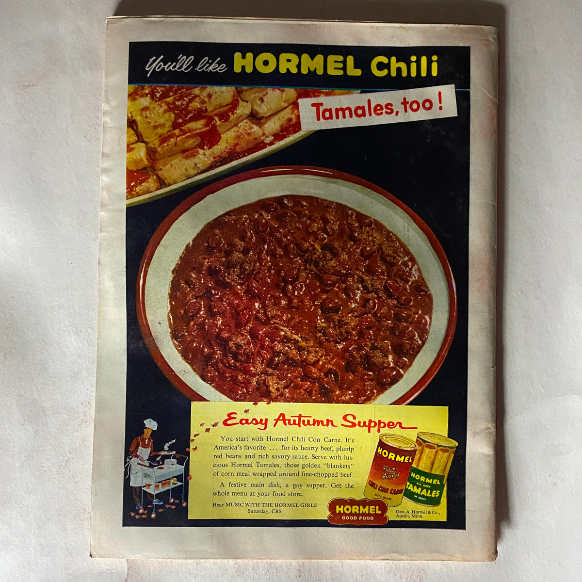 Advertisement page from VTG Time Magazine October 12, 1953, highlighting Hormel Chili and Tamales, showcasing retro food marketing.