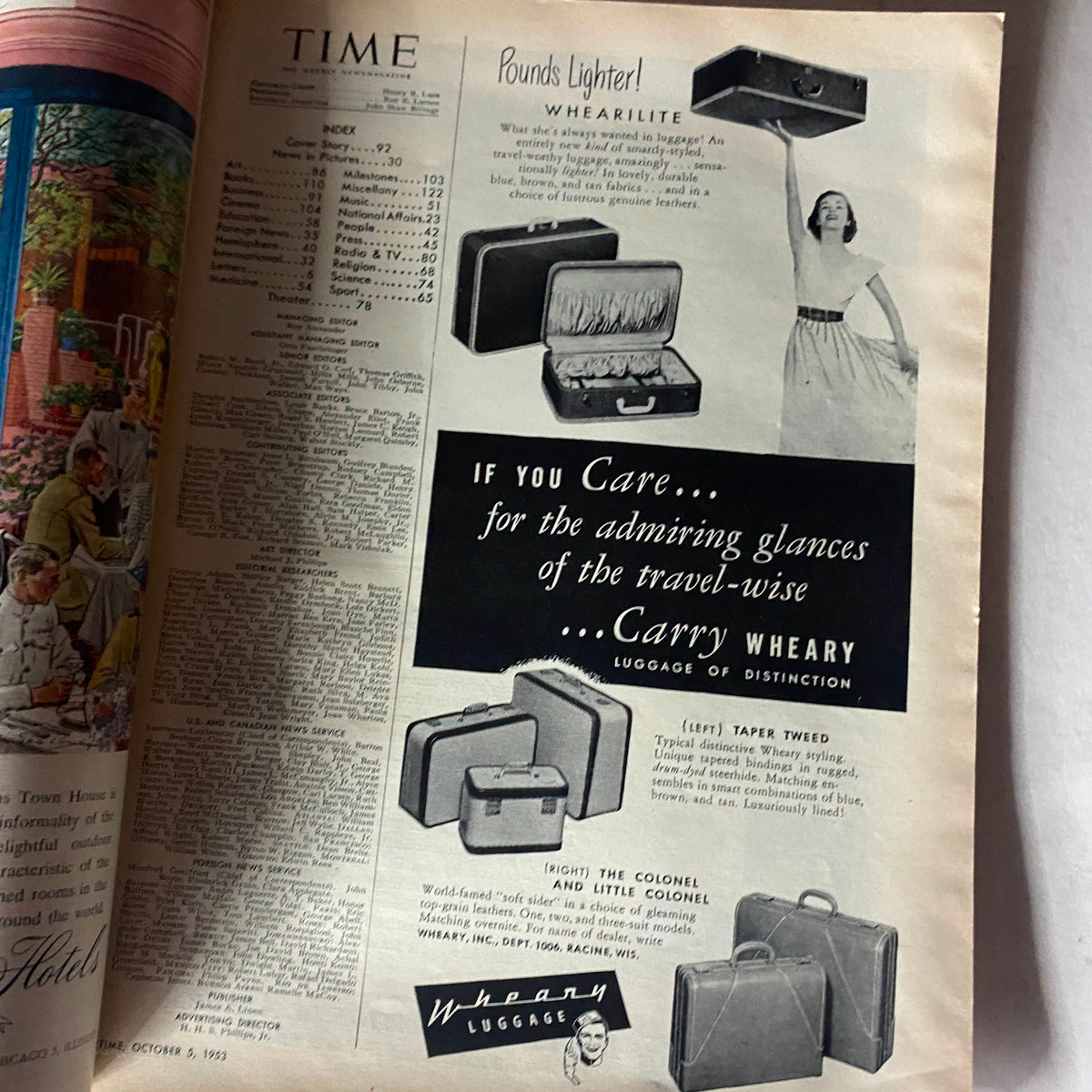 Vintage advertisement from VTG Time Magazine October 5, 1953 featuring Wheary Luggage with a stylish woman showcasing light travel options.